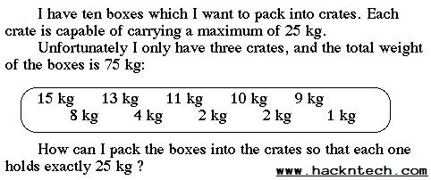 I have ten boxes that I want to pack into crates. Each crate is capable of carrying a maximum of 25 kg. Unfortunately, I only have three crates, and the total weight of the boxes is 75 KG: