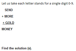Let us take each letter stands for a single digit 0-9. SEND + MORE + GOLD = MONEY ?